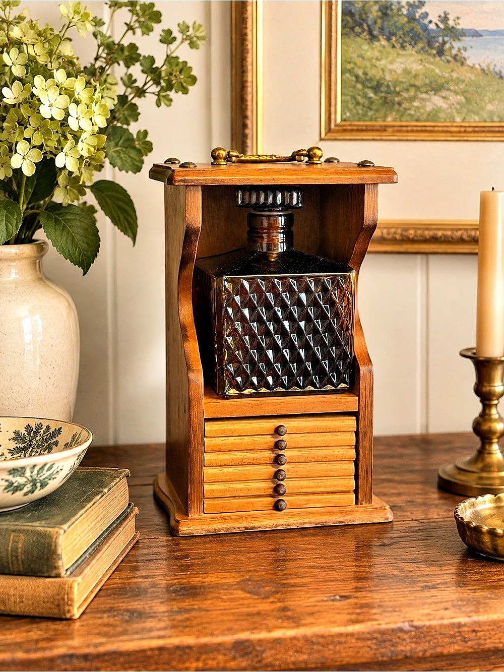 Vintage Wooden Mini Liquor Cabinet with Amber Glass Decanter